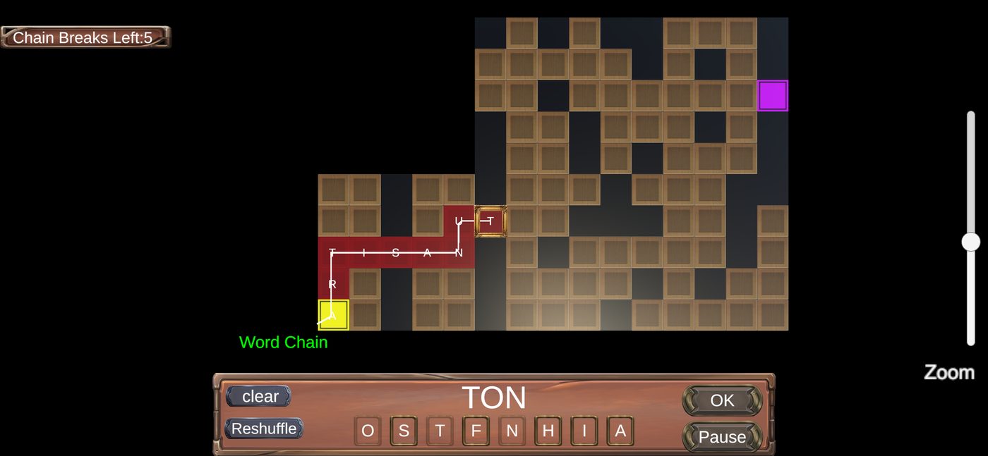 A puzzle in progress: a red path burned across the grid spelling a chain, the rack of eight letters below, and the exit tile marked in magenta