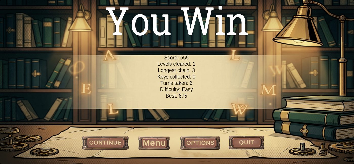 End of run screen in a library setting, showing score, levels cleared, longest chain, turns taken and best score